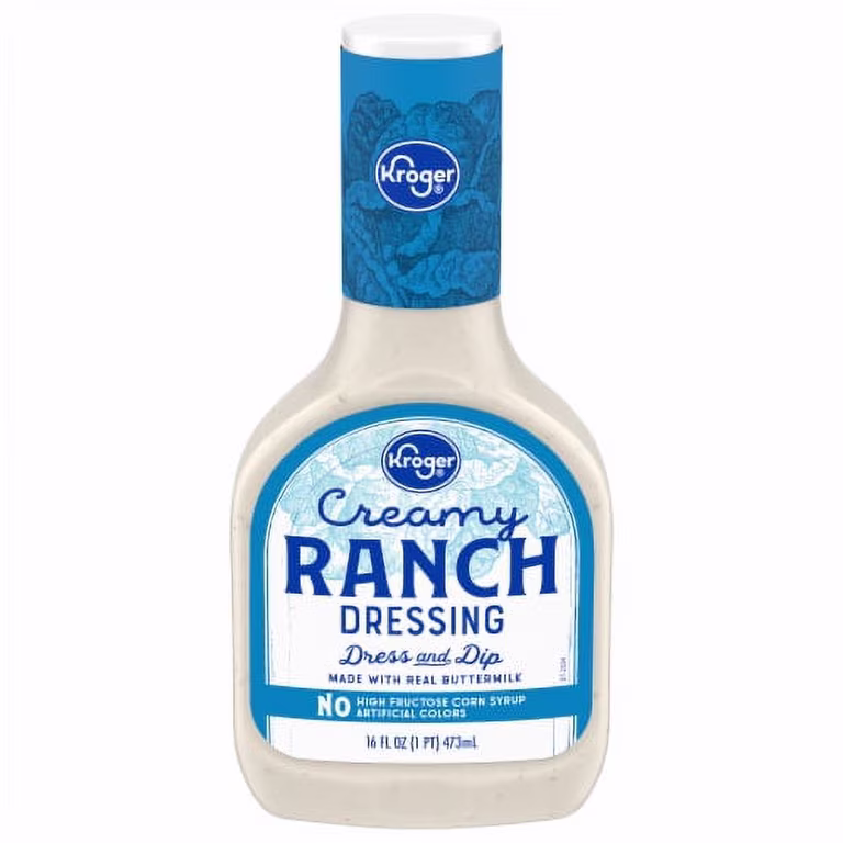 Kroger Creamy Ranch Dressing bottle, 16 fl oz, with blue and white label stating “Dress and Dip” and “Made with real buttermilk.”