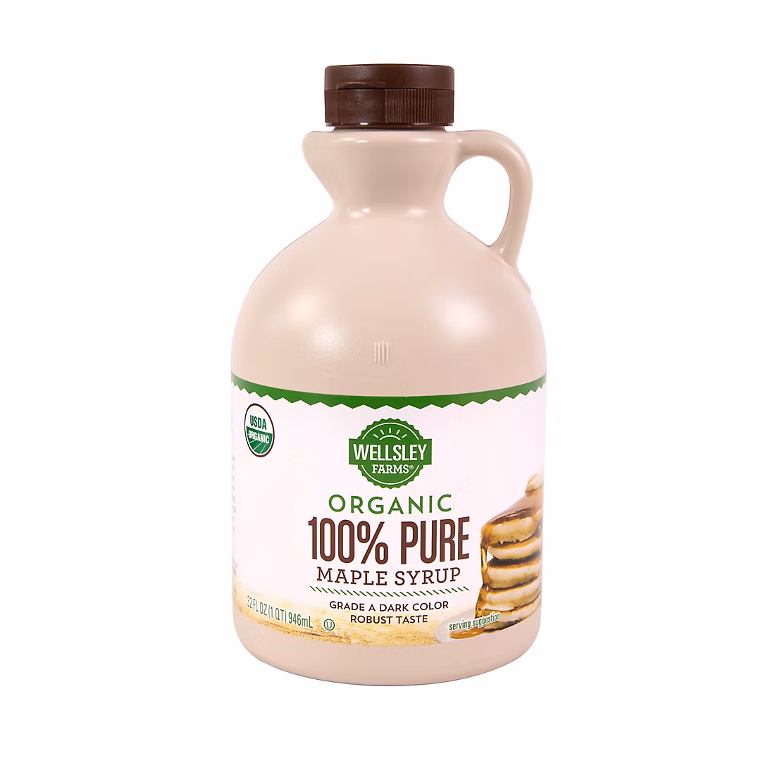 A plastic jug of Wellsley Farms Organic 100% Pure Maple Syrup, featuring a green label, a brown cap, and an image of a stack of pancakes with syrup on the front.