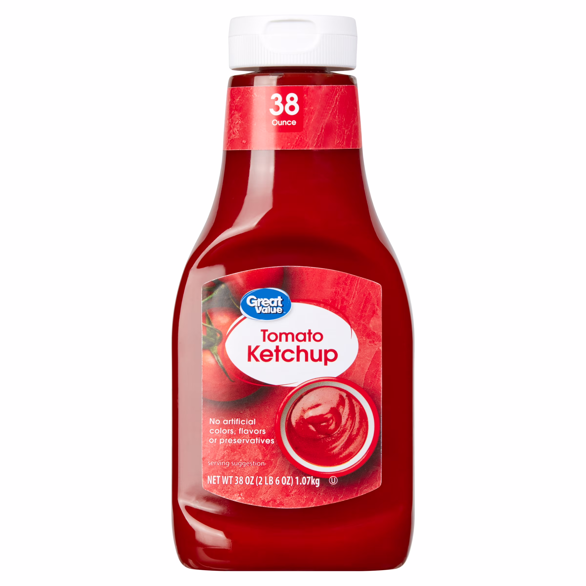 A 38 oz bottle of Great Value Tomato Ketchup with a white cap, red label, and an image of tomatoes and ketchup. The label states no artificial colors, flavors, or preservatives.