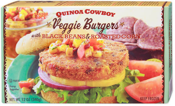 A Trader Joe’s Quinoa Cowboy Veggie Burgers box, featuring a veggie burger with lettuce, tomato, onion, and salsa, on a bun. The packaging highlights black beans and roasted corn.