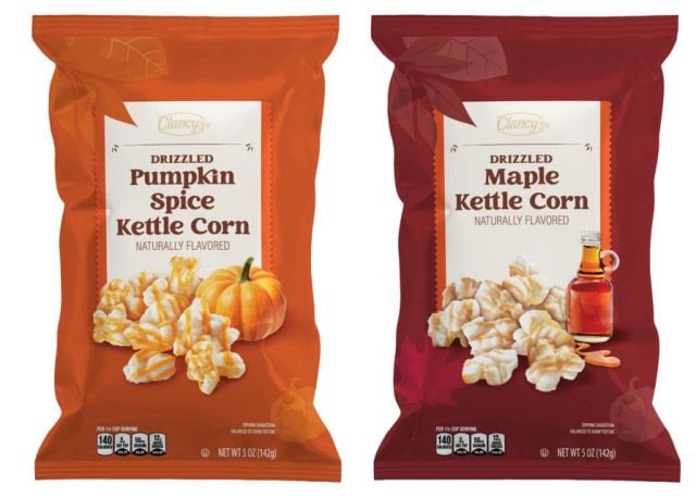 Two bags of Clancy’s Drizzled Kettle Corn: Pumpkin Spice flavor in an orange bag with a pumpkin, and Maple flavor in a red bag with a maple syrup bottle. Both show popcorn pieces on the front.