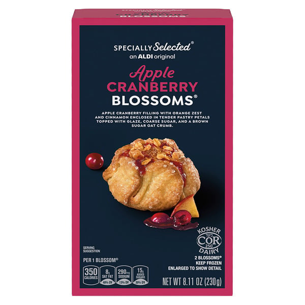 A pink box of Specially Selected Apple Cranberry Blossoms, showing a pastry with fruit filling, oats, and glaze. The box highlights ingredients, nutrition facts, and kosher certification.