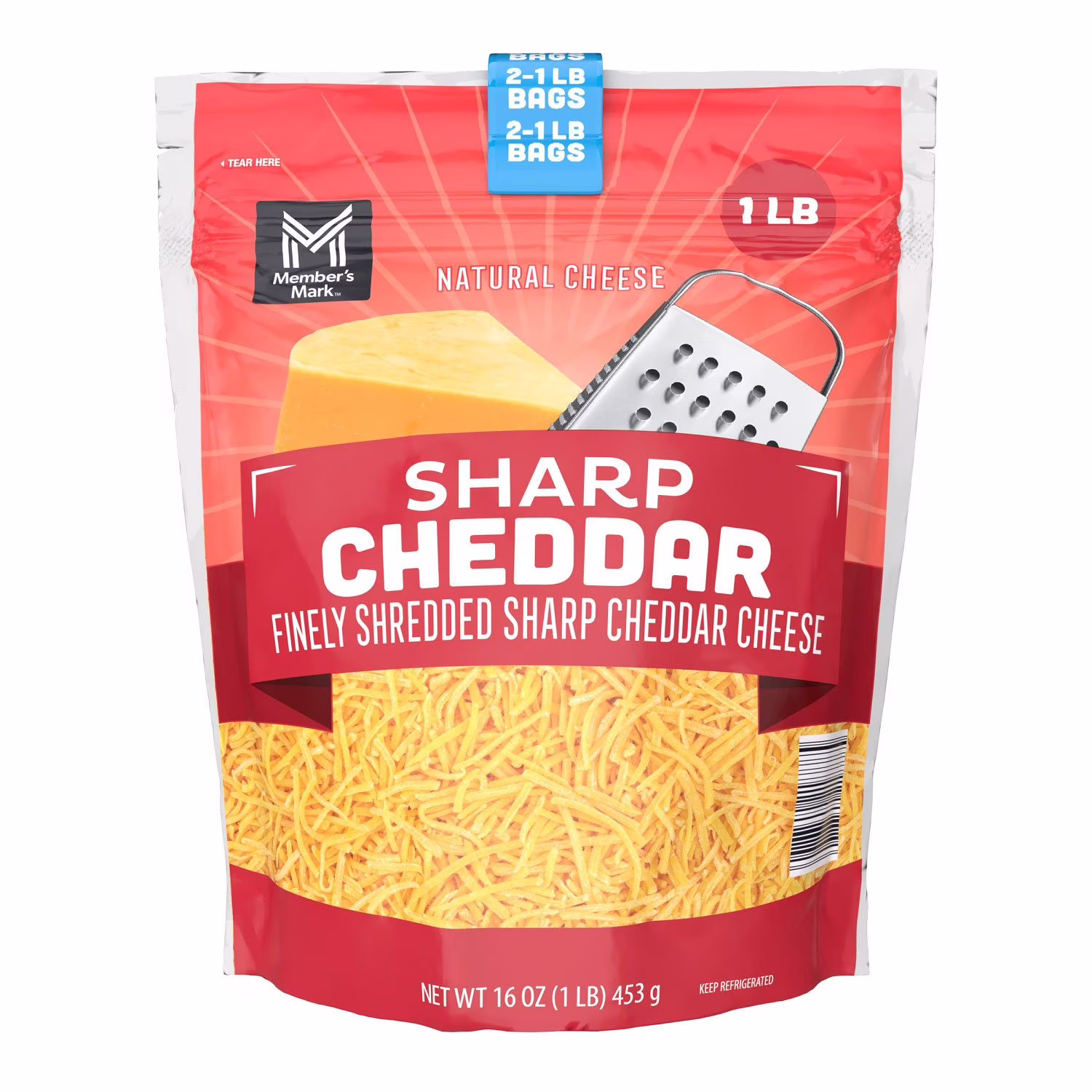 A 16 oz bag of Member’s Mark finely shredded sharp cheddar cheese with an image of shredded cheese, a cheese block, and a grater on the packaging. The bag is red, orange, and yellow with a blue resealable tab.