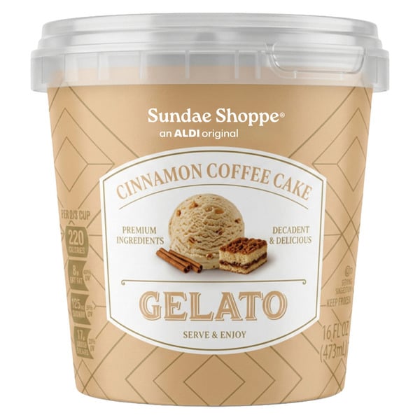 A container of Sundae Shoppe Cinnamon Coffee Cake Gelato, featuring an image of gelato scoops, cake pieces, and cinnamon sticks on the label. The container is beige with white and gold accents.