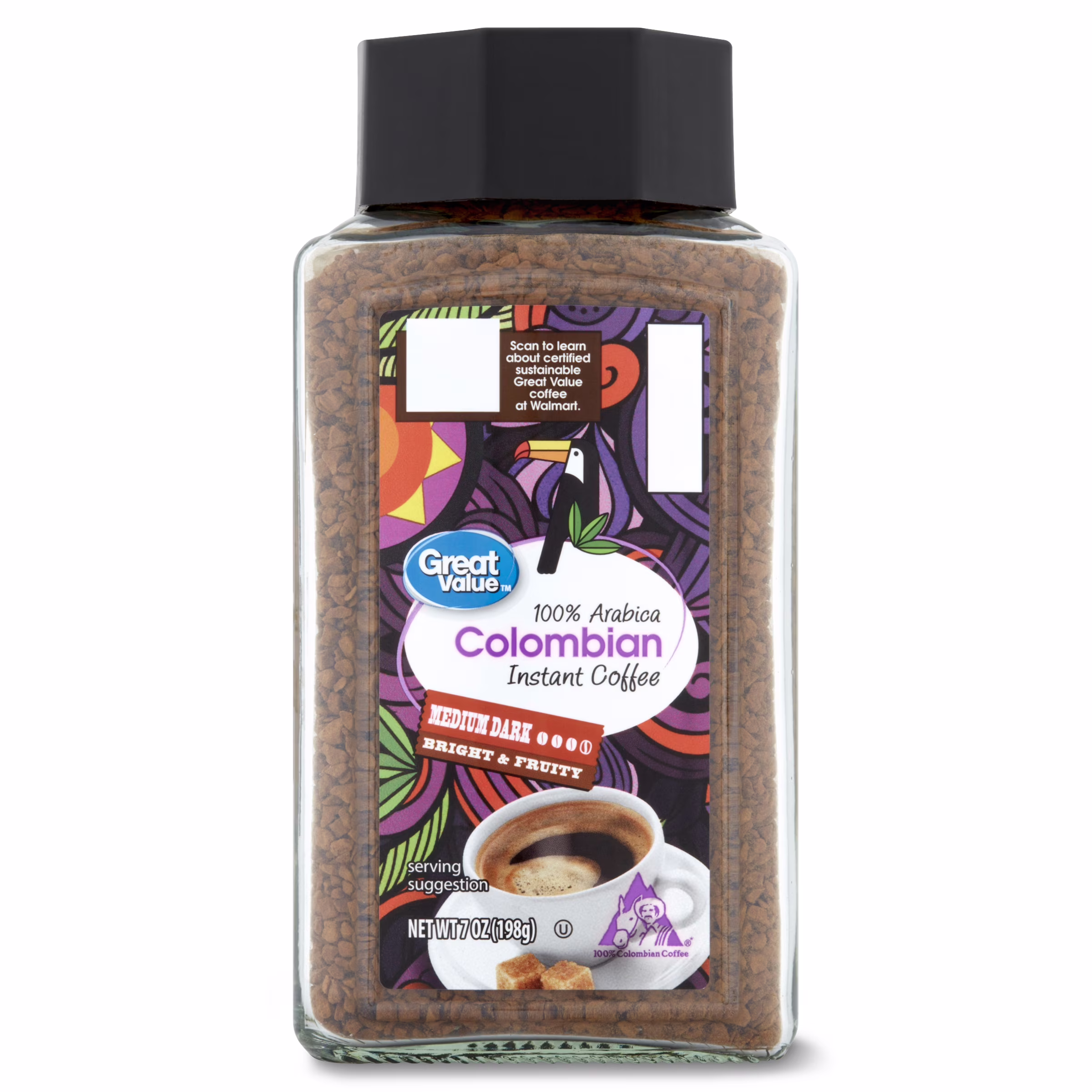 A jar of Great Value 100% Arabica Colombian Instant Coffee, medium dark roast, with a colorful label, black lid, and coffee beans visible inside. Net weight: 7 oz (198g).