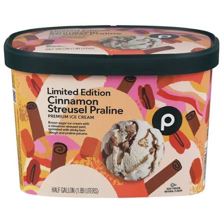 A half-gallon tub of Publix Limited Edition Cinnamon Streusel Praline ice cream with an illustrated cinnamon and praline design on the packaging.