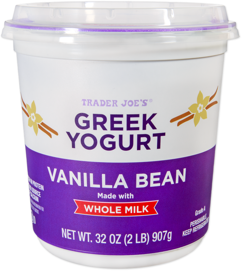 A 32-ounce container of Trader Joe’s Greek Yogurt, Vanilla Bean flavor, made with whole milk. The packaging is mostly white with purple and yellow accents.