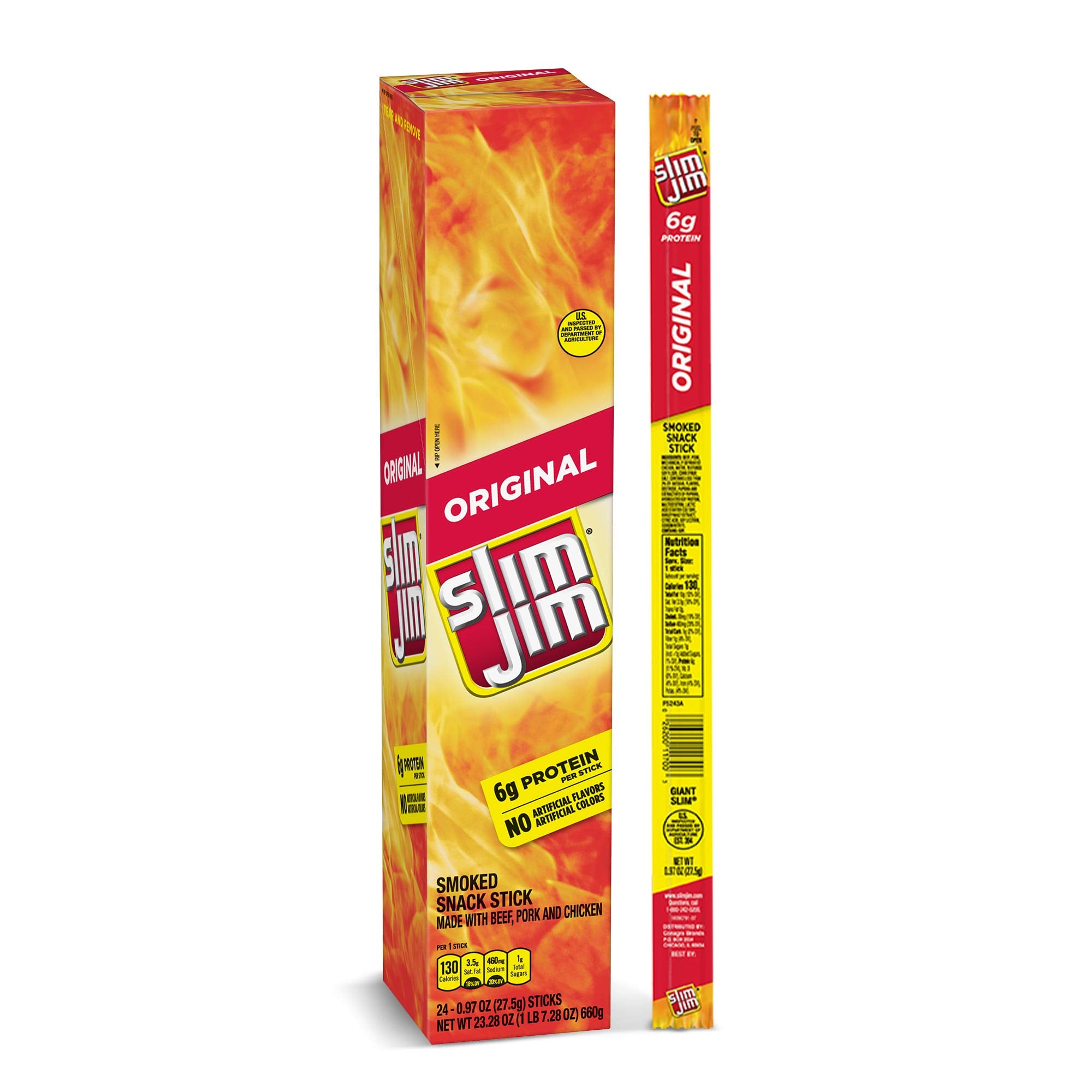 A box and a single stick of Slim Jim Original smoked snack stick, featuring bold yellow and red packaging with flame graphics and nutrition facts visible.