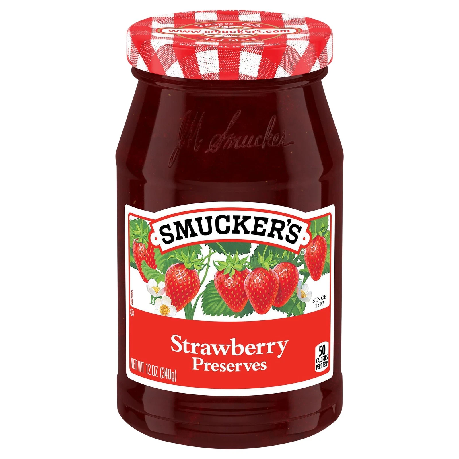 A jar of Smucker’s Strawberry Preserves with a red and white checkered lid, featuring images of strawberries on the label.