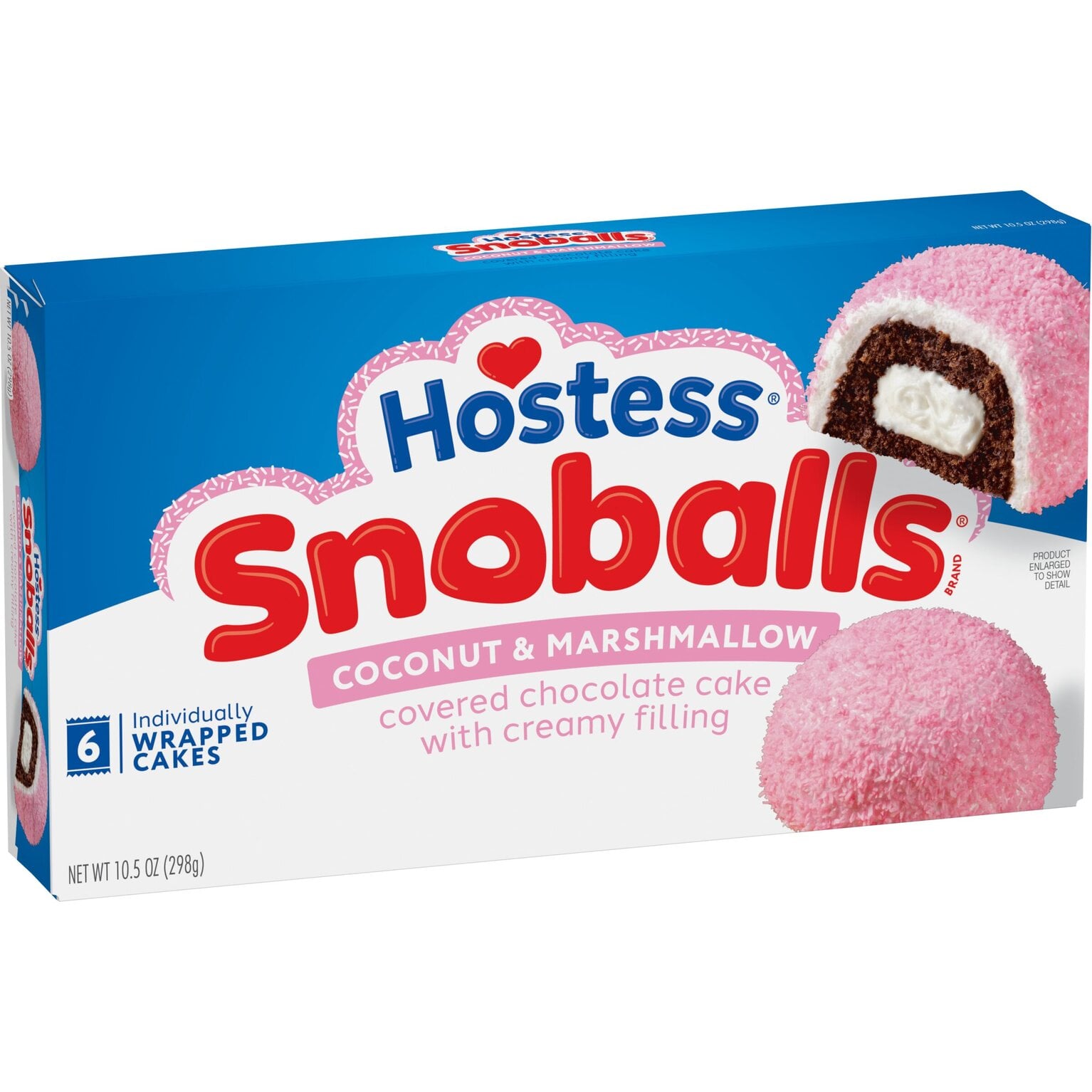A box of Hostess Snoballs coconut & marshmallow cakes. The packaging shows pink, coconut-covered cakes with chocolate cake and creamy filling. The box contains six individually wrapped cakes.