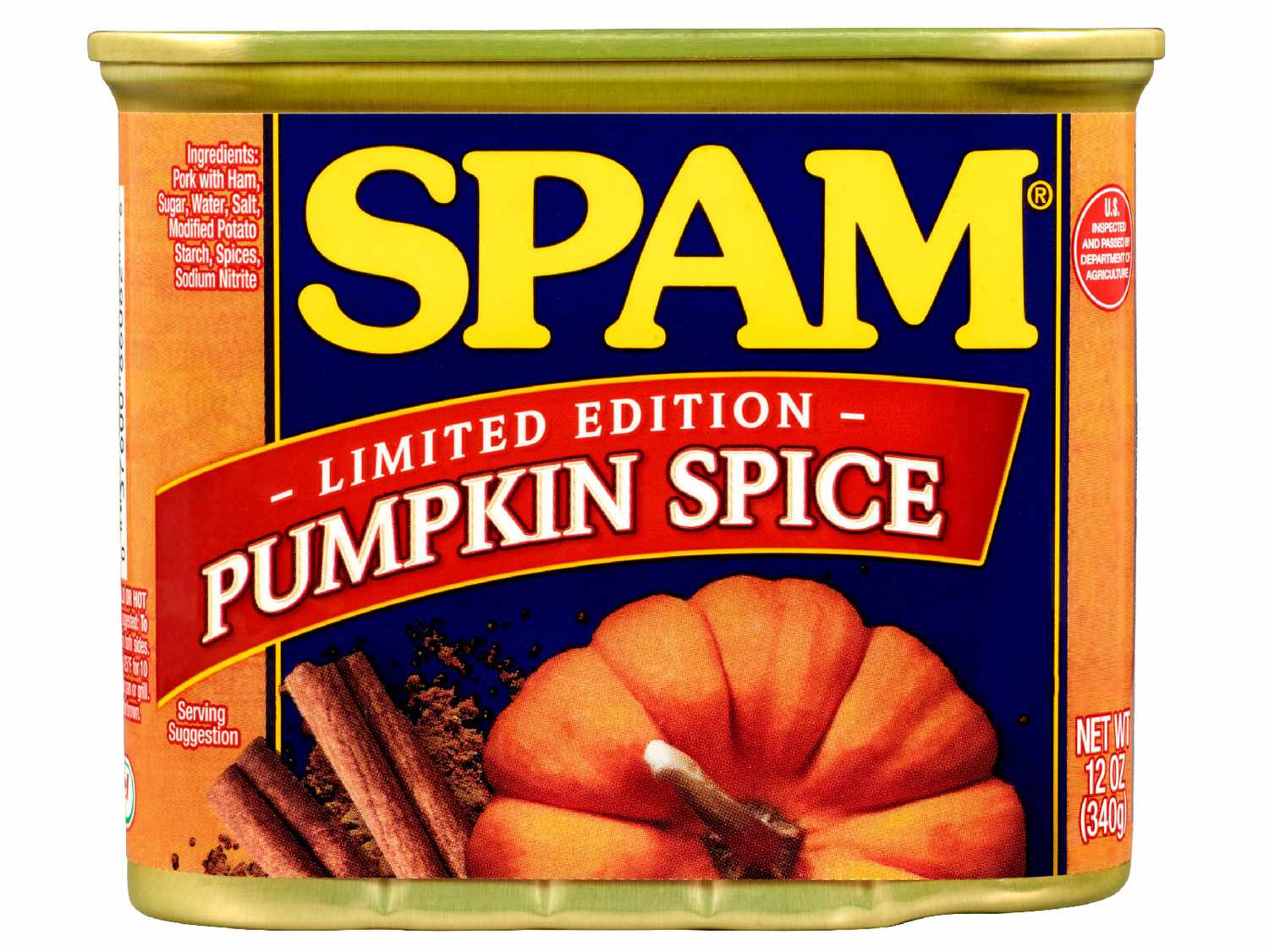 A can of SPAM with a “Limited Edition Pumpkin Spice” label, featuring images of a pumpkin and cinnamon sticks on the front.