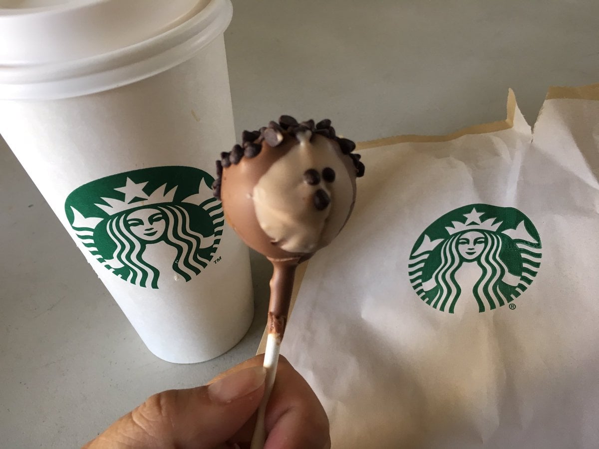 A hand holds a chocolate cake pop with chocolate chips. Behind are a Starbucks cup with a lid and a white bag, both featuring the green Starbucks logo, on a light-colored surface.