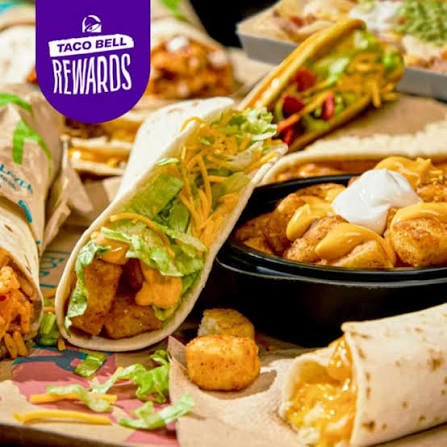 An assortment of Taco Bell food items including tacos, burritos, and cheesy potatoes, with the Taco Bell Rewards logo in the top left corner.