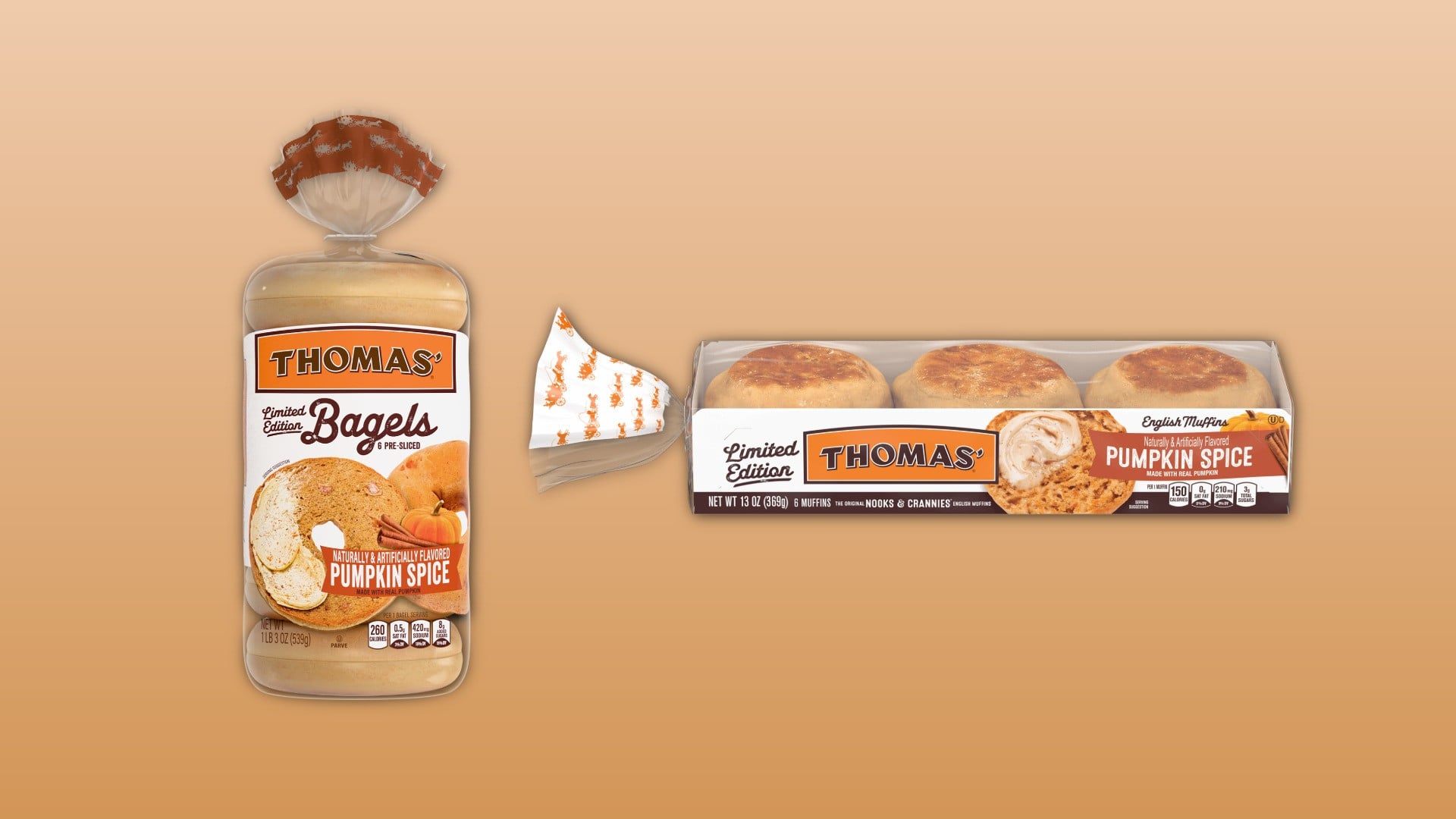 Thomas’ Pumpkin Spice bagels and English muffins on a light orange background, with a napkin featuring pumpkin graphics placed between the two products.
