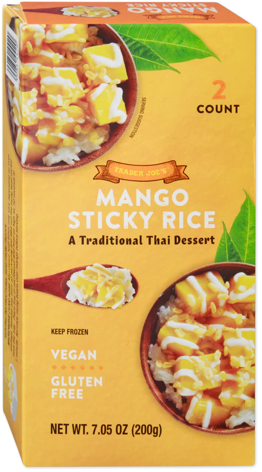 Trader Joe’s Mango Sticky Rice box with images of the dessert, mango pieces, coconut sauce, and rice. The packaging highlights it is vegan, gluten free, frozen, and contains two servings. Net weight is 7.05 oz (200g). International foods at Trader Joe’s.