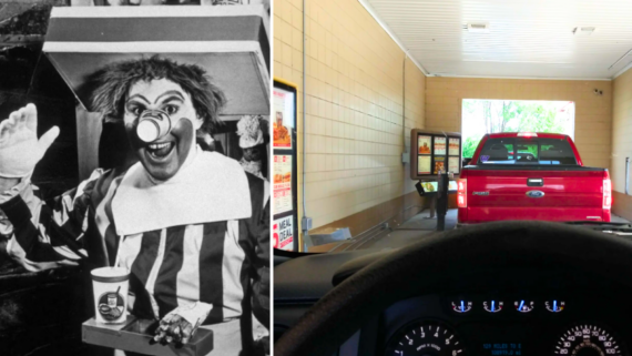 Split image: Left side shows a black-and-white photo of a clown holding a meal and waving. Right side captures a red truck at a fast food drive-thru, viewed from inside another car.
