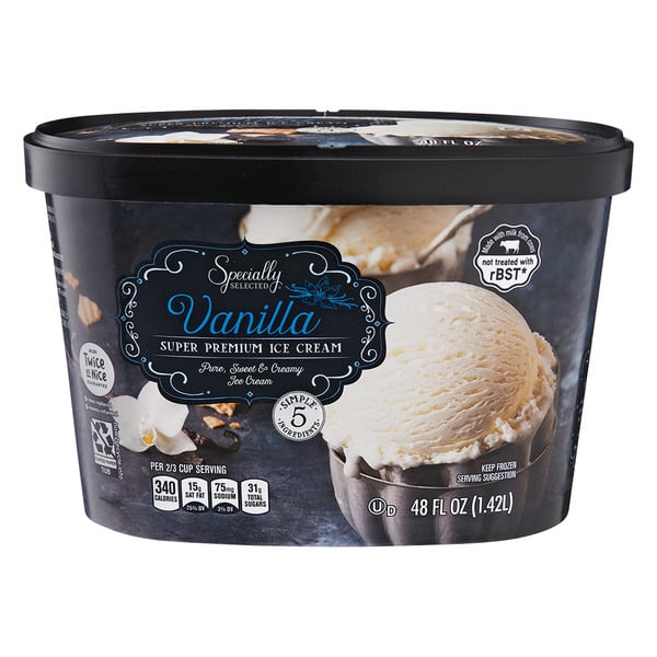 A 48 fl oz tub of Specially Selected Vanilla Super Premium Ice Cream, showing a scoop of vanilla ice cream in a bowl on the black packaging. Nutrition facts and labels are visible on the front.