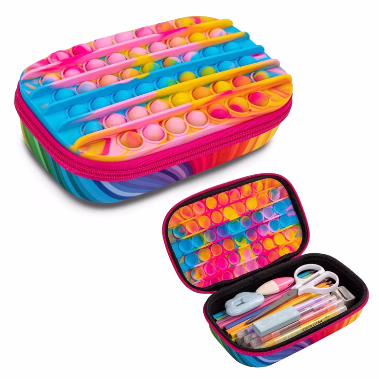 Colorful pop-it style pencil case, shown closed and open. The open case contains scissors, pens, pencils, and other stationery. The exterior features bright rainbow colors and circular bubble textures. Back-to-school supplies.