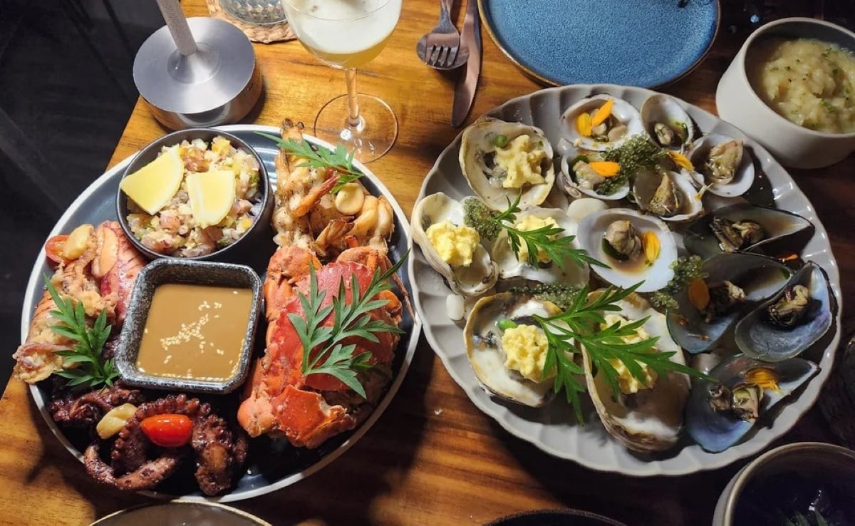 Two plates on a wooden table showcase amazing food people ate while on vacation: one brimming with lobster, octopus, and dip, the other adorned with oysters topped with fresh herbs and sauce. Nearby, a bowl of mashed potatoes and a refreshing drink complete this delightful dining scene.