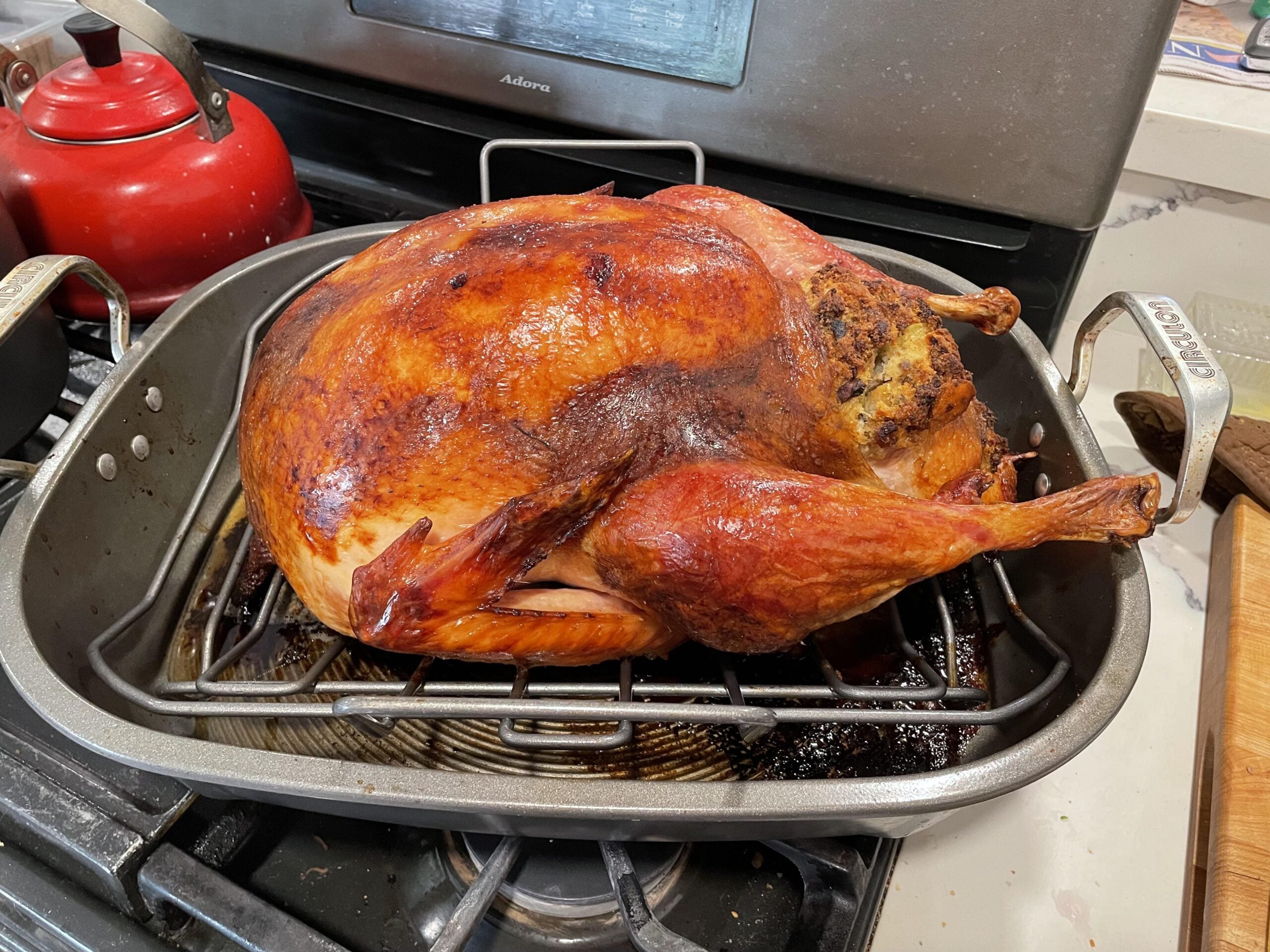 A golden-brown roasted turkey sits in a roasting pan on a stove, with stuffing visible inside. A red kettle and kitchen counter are in the background.