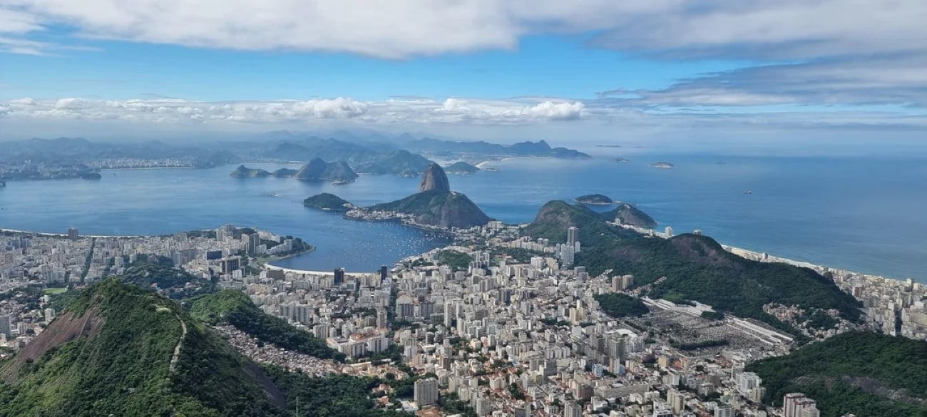 Aerial view of Rio de Janeiro, one of the Biggest Cities In The World, showing the city, mountains, Sugarloaf Mountain, and the coastline with blue sky and scattered clouds.