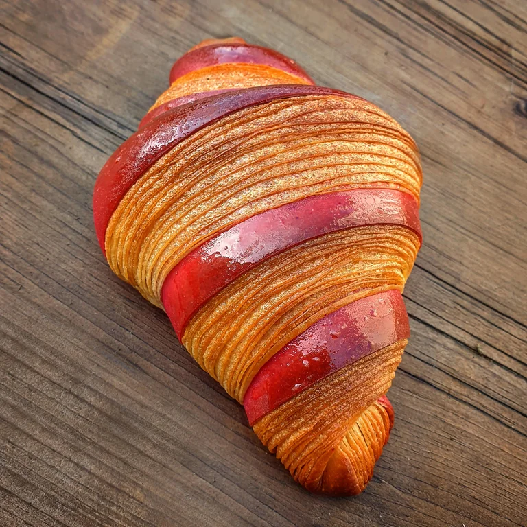 A croissant with golden brown and vibrant red layers sits on a rustic wooden surface. The pastry’s glossy, flaky texture is highlighted by the contrasting colors.