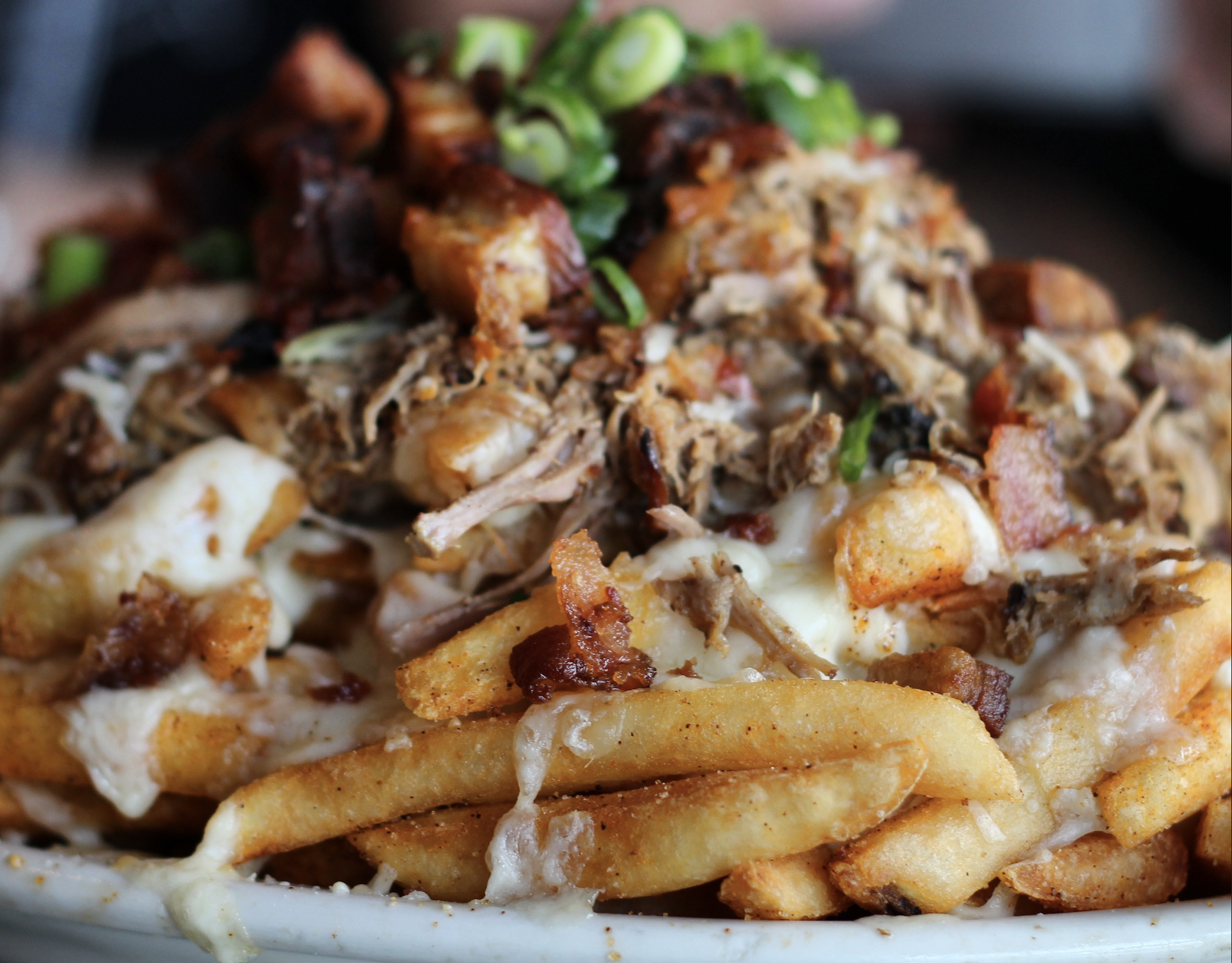 A close-up, high-angle shot of a plate of loaded fries covered with melted cheese, shredded pork, crispy bacon bits, and topped with fresh sliced green onions.