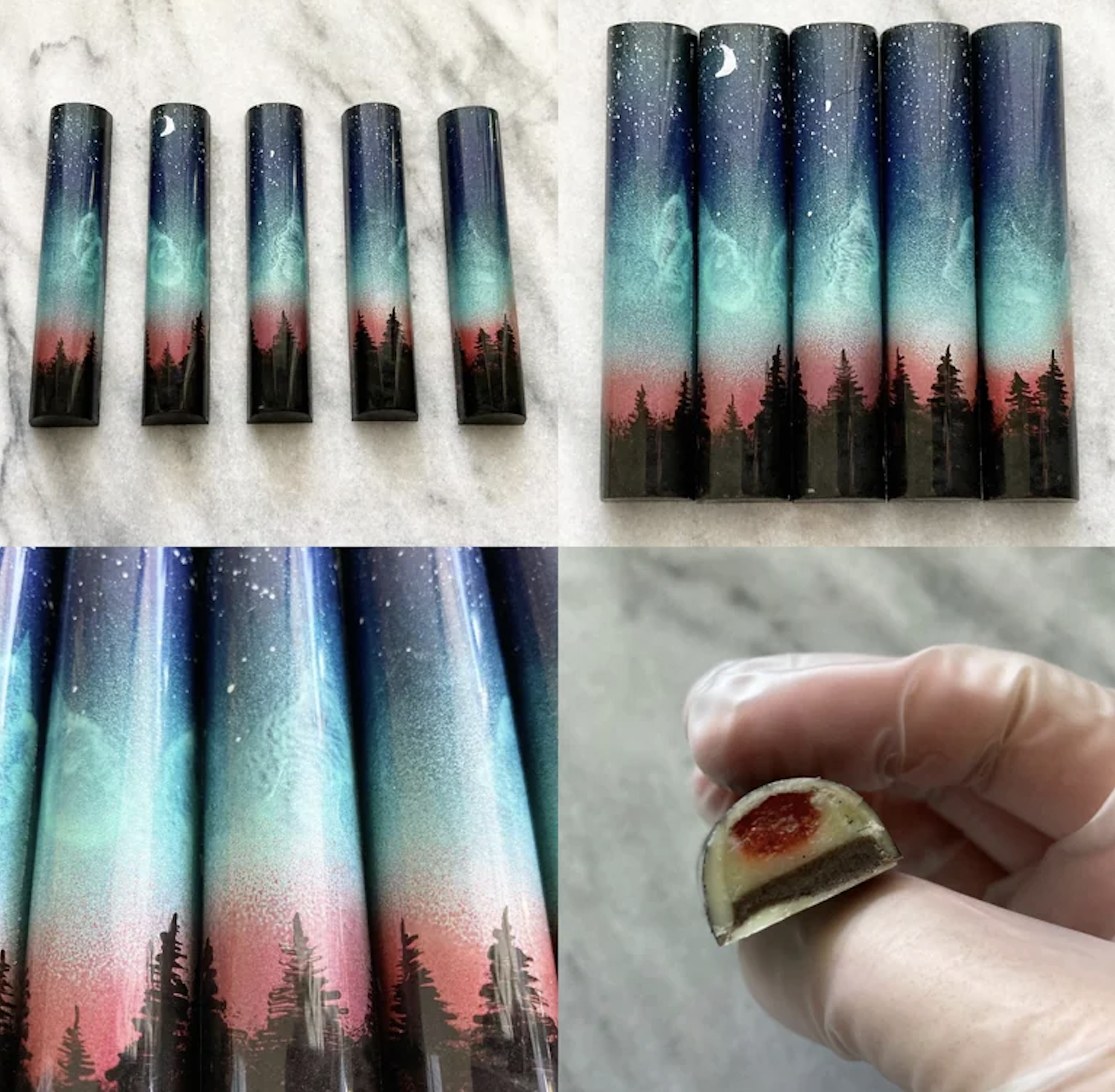 Four images of cylindrical chocolates with painted landscapes of trees, mountains, and a night sky; one image shows the inside of a chocolate with a red and white filling.