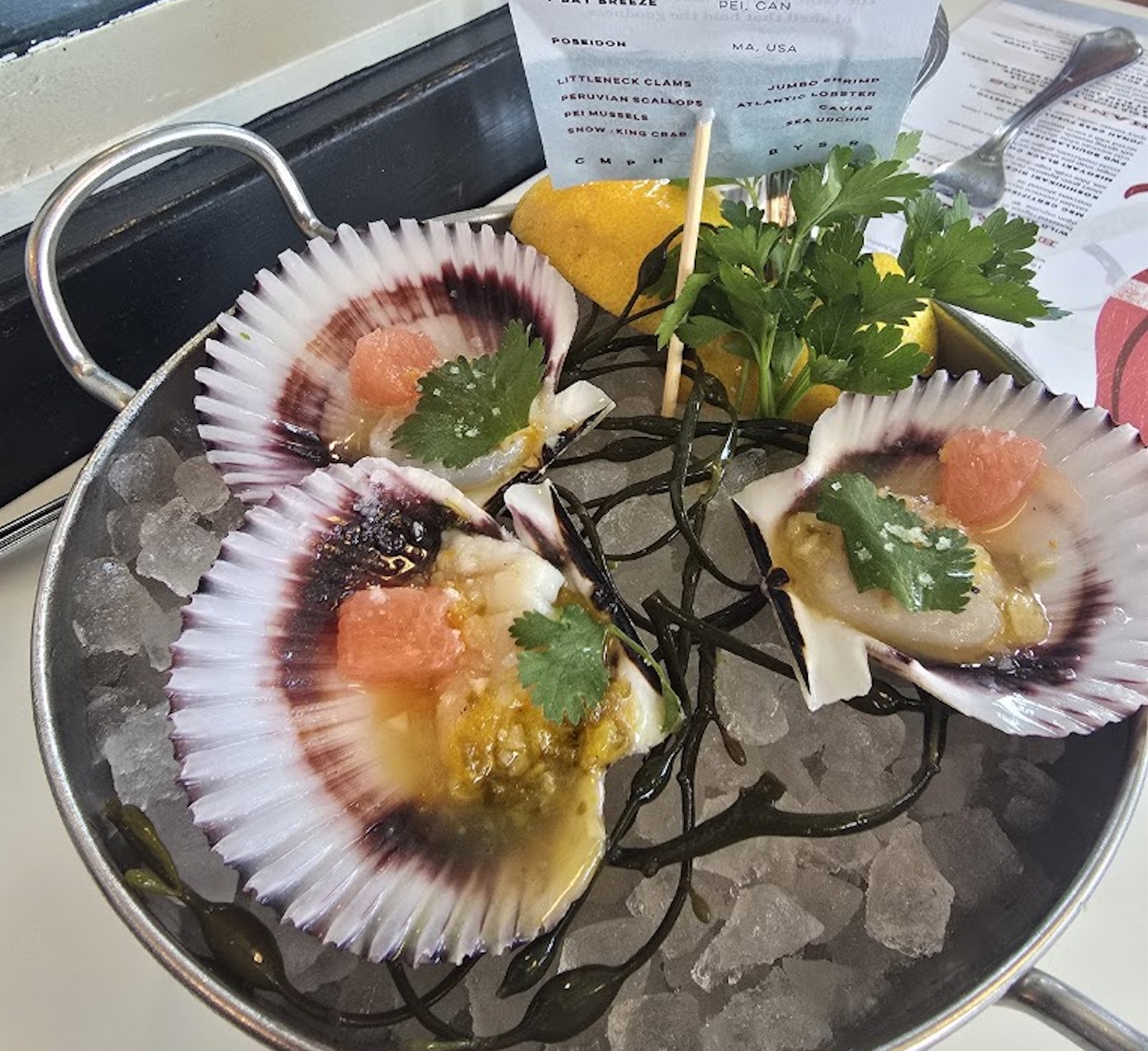 Three scallop shells on ice, each topped with seafood, grapefruit, herbs, and sauce, garnished with fresh parsley and a lemon wedge in a metal dish. A menu and toothpick are visible in the background.
