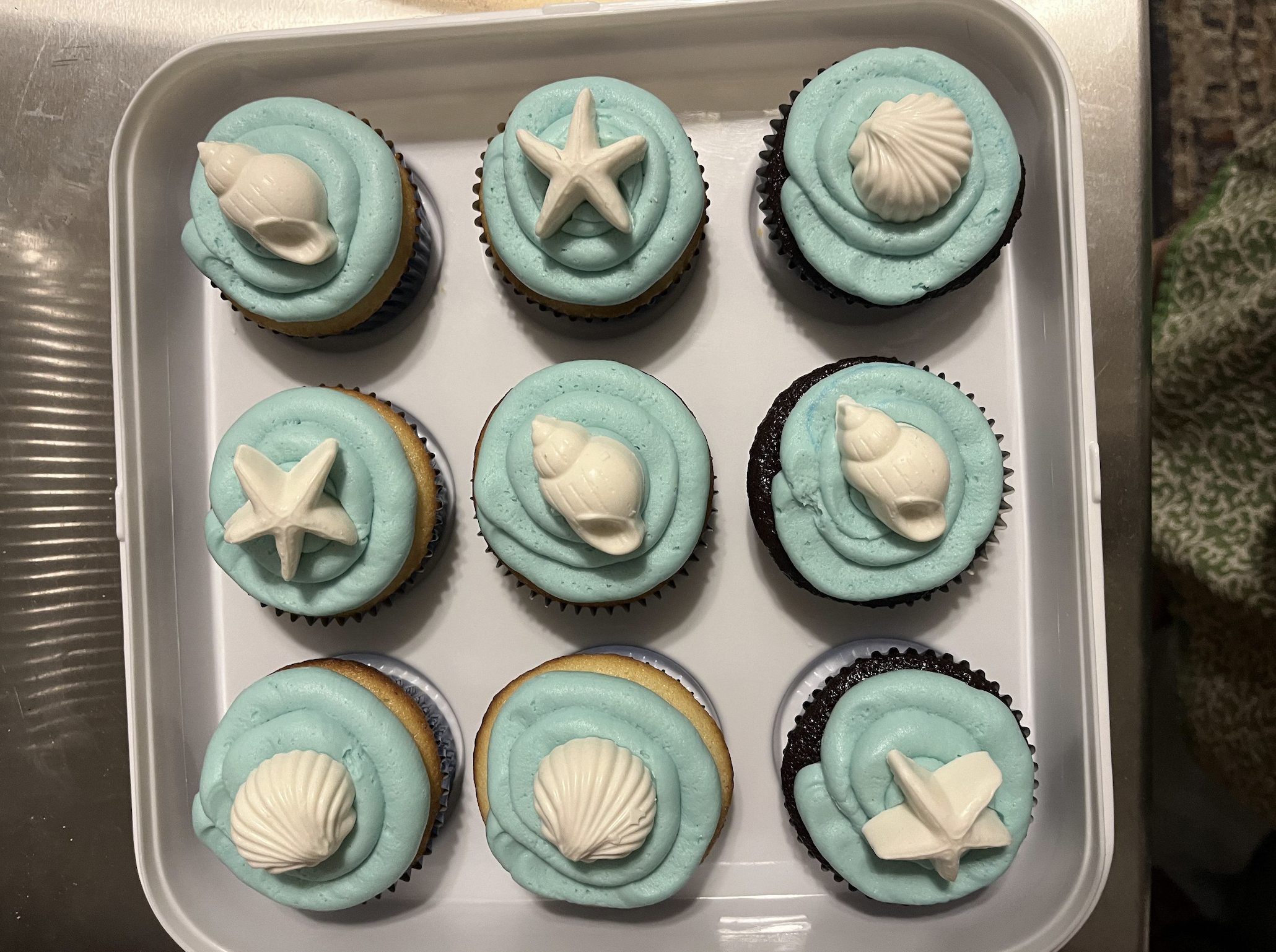 Nine cupcakes with blue frosting are topped with white chocolate seashells and starfish, arranged in a plastic container on a metal surface.