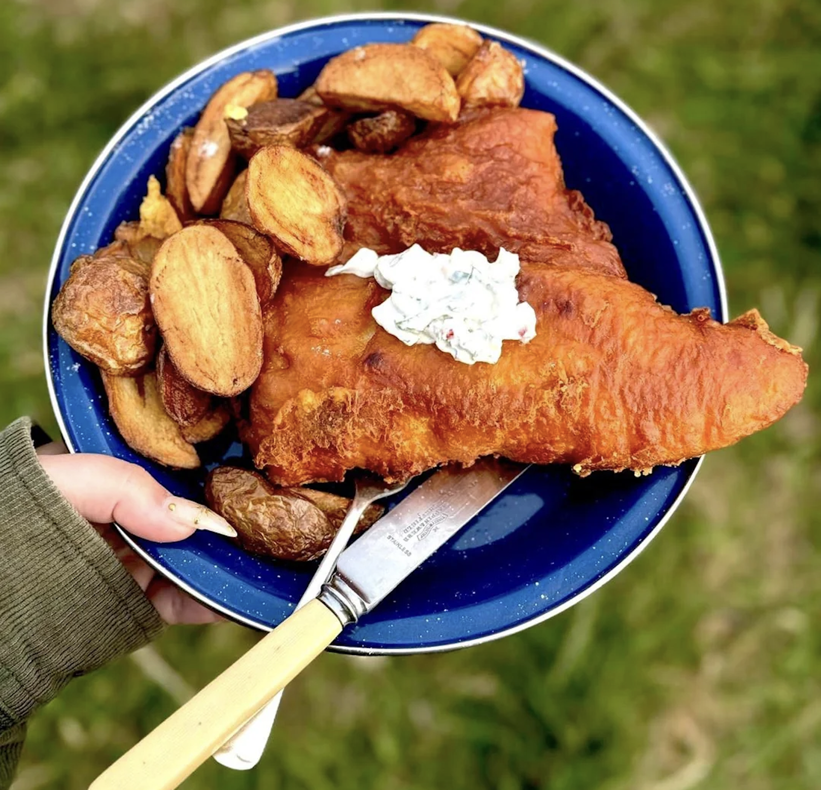 A hand holds a blue bowl with crispy fried fish, roasted potato wedges, and a dollop of tartar sauce. A fork and knife rest on the side. The background is grassy.