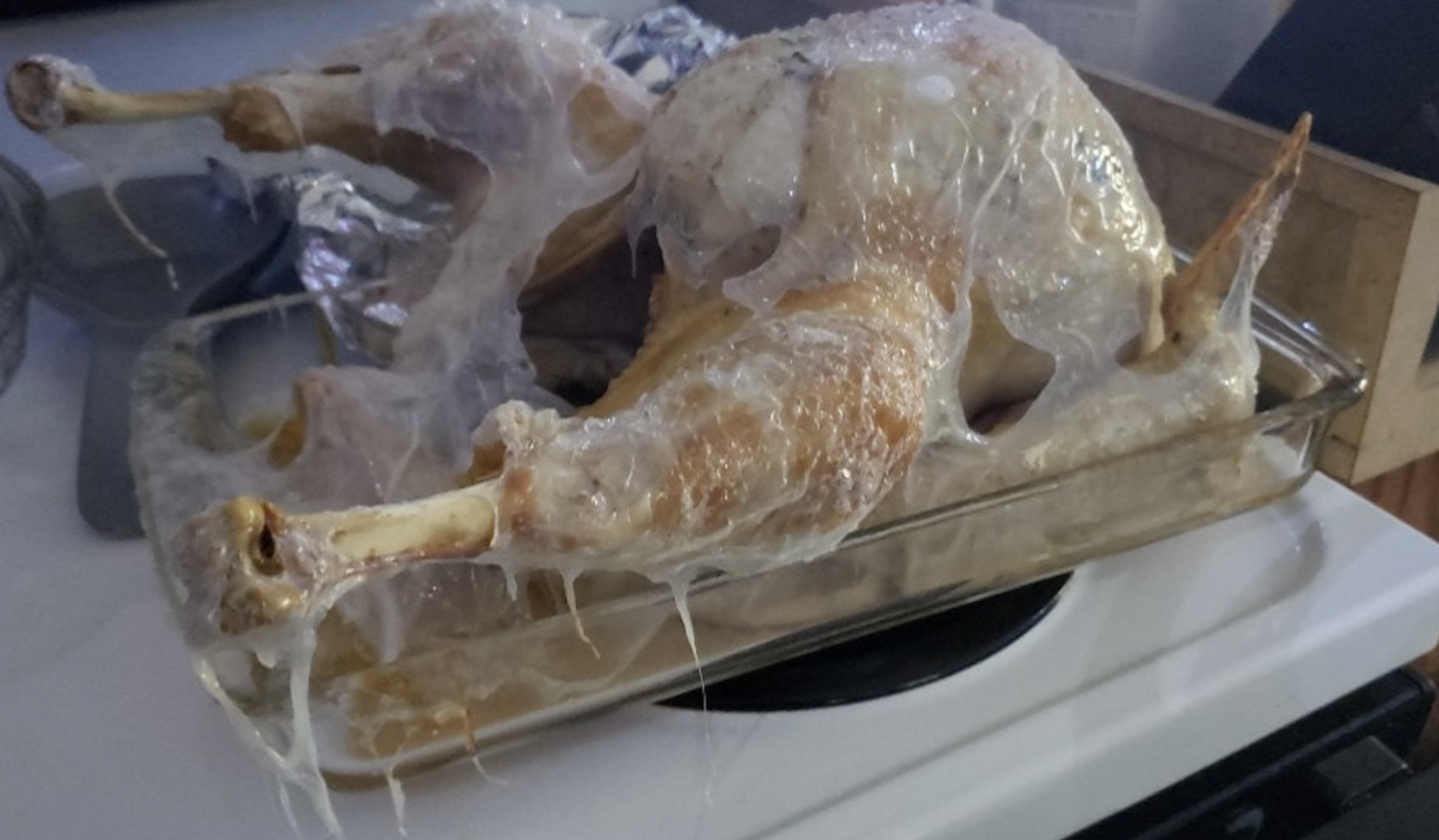 A cooked turkey covered in melted plastic wrap sits in a glass baking dish on a stove, with the plastic visibly stuck to the skin and legs.