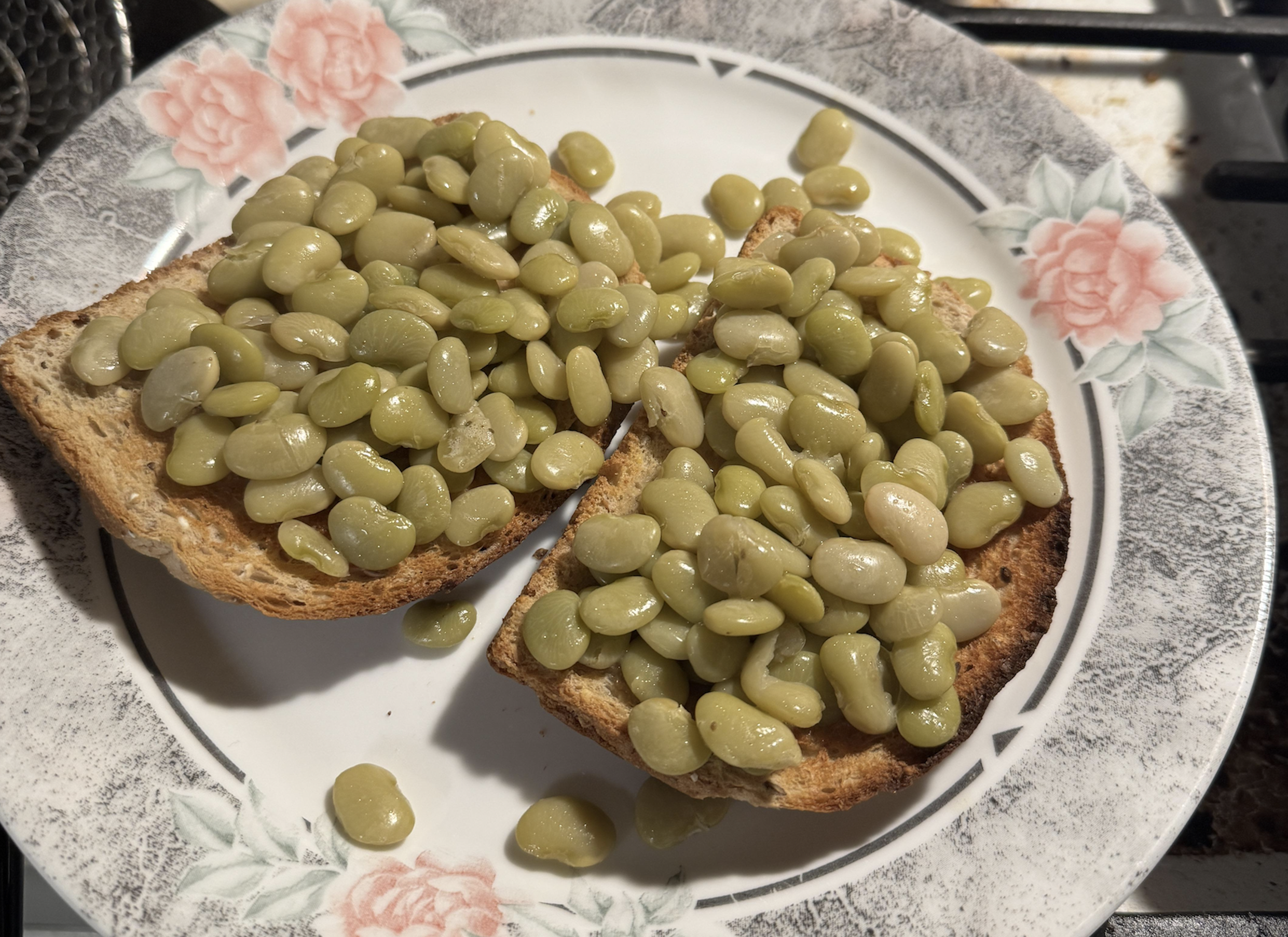 Two slices of weird food toasted bread topped with cooked greenish beans, served on a white plate with pink floral designs. The plate is set on a kitchen countertop.