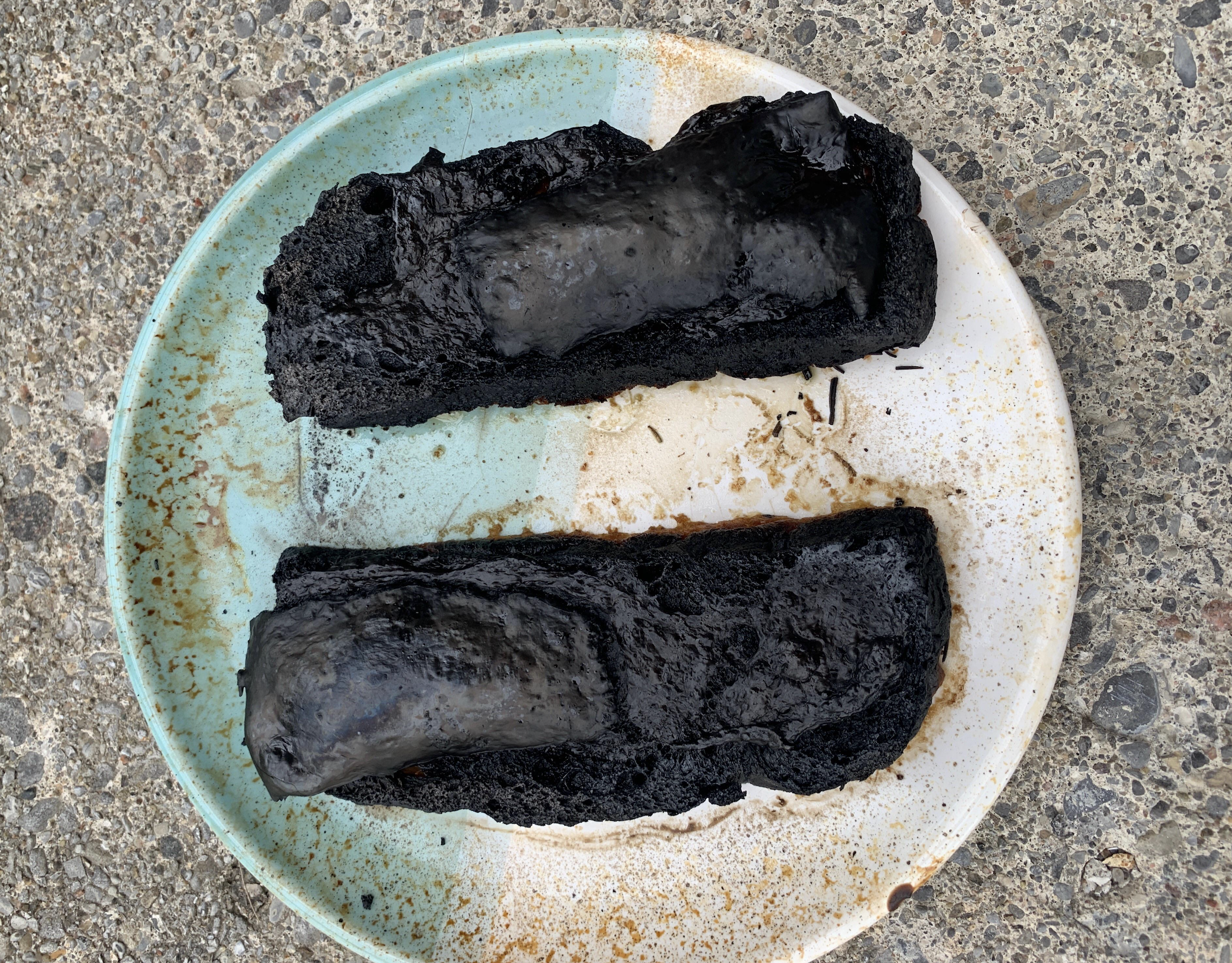 Two heavily burnt pieces of bread on a round plate, with dark blackened tops and edges, sitting on a speckled stone surface.