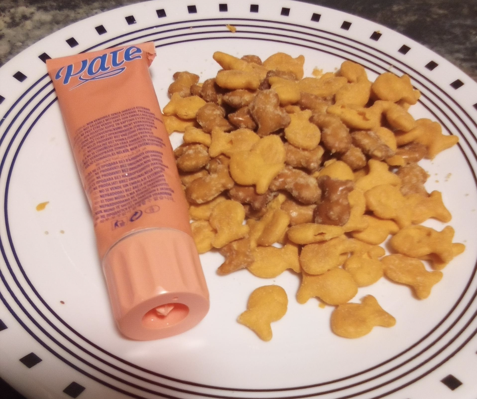 A tube of pink pâté lies on a plate next to a pile of goldfish crackers, some of which are coated with a brown spread. The plate has a white background with blue decorative lines.