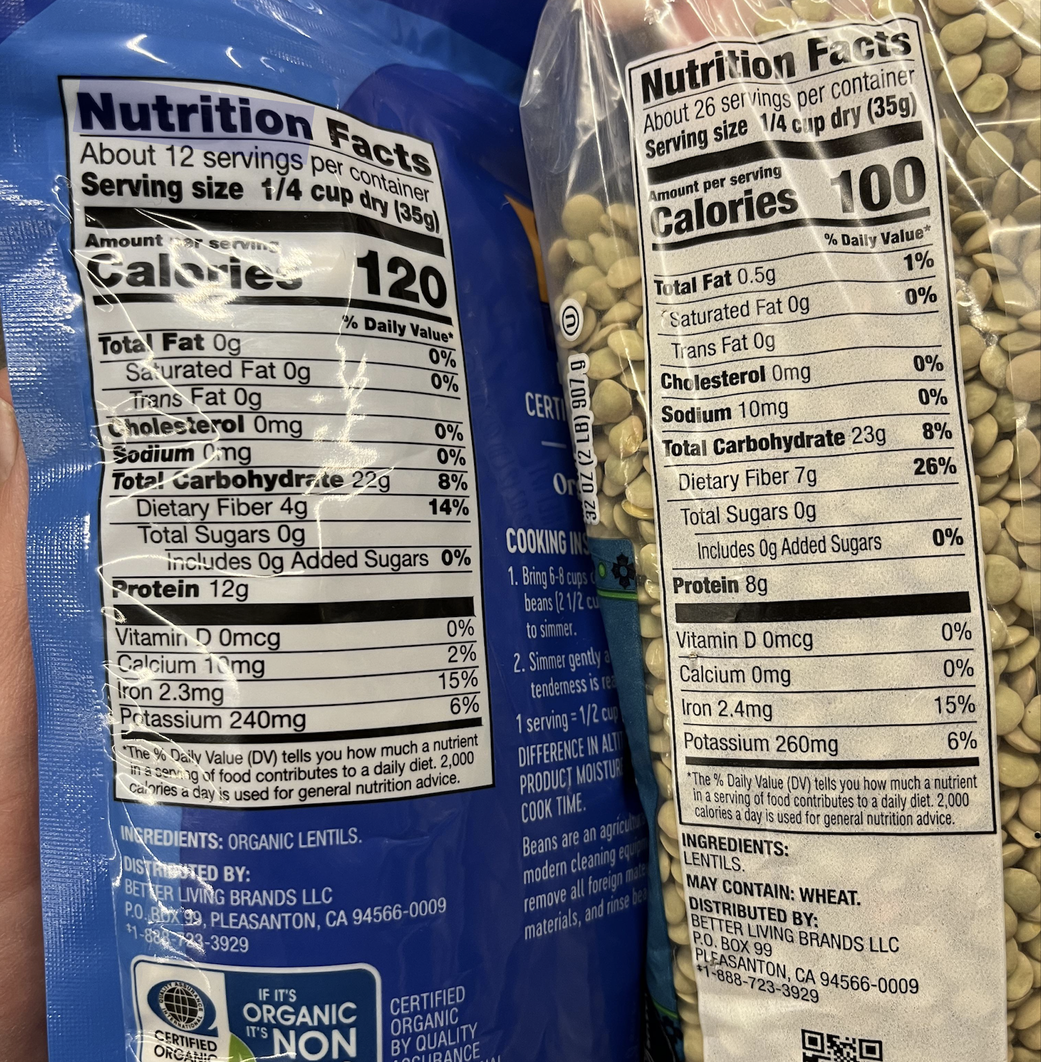 Close-up of two packed food nutrition labels side by side. The left shows 120 calories per serving, the right 100 calories. Both detail serving size, fat, sodium, carbohydrates, fiber, protein, and other nutrients.