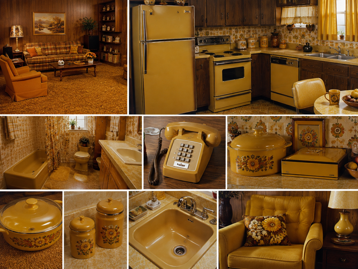 A collage of 1970s kitchen, living room, and bathroom interiors with yellow appliances, wood cabinets, floral decor, and retro furnishings in shades of brown, gold, and orange. 1970s home items. 