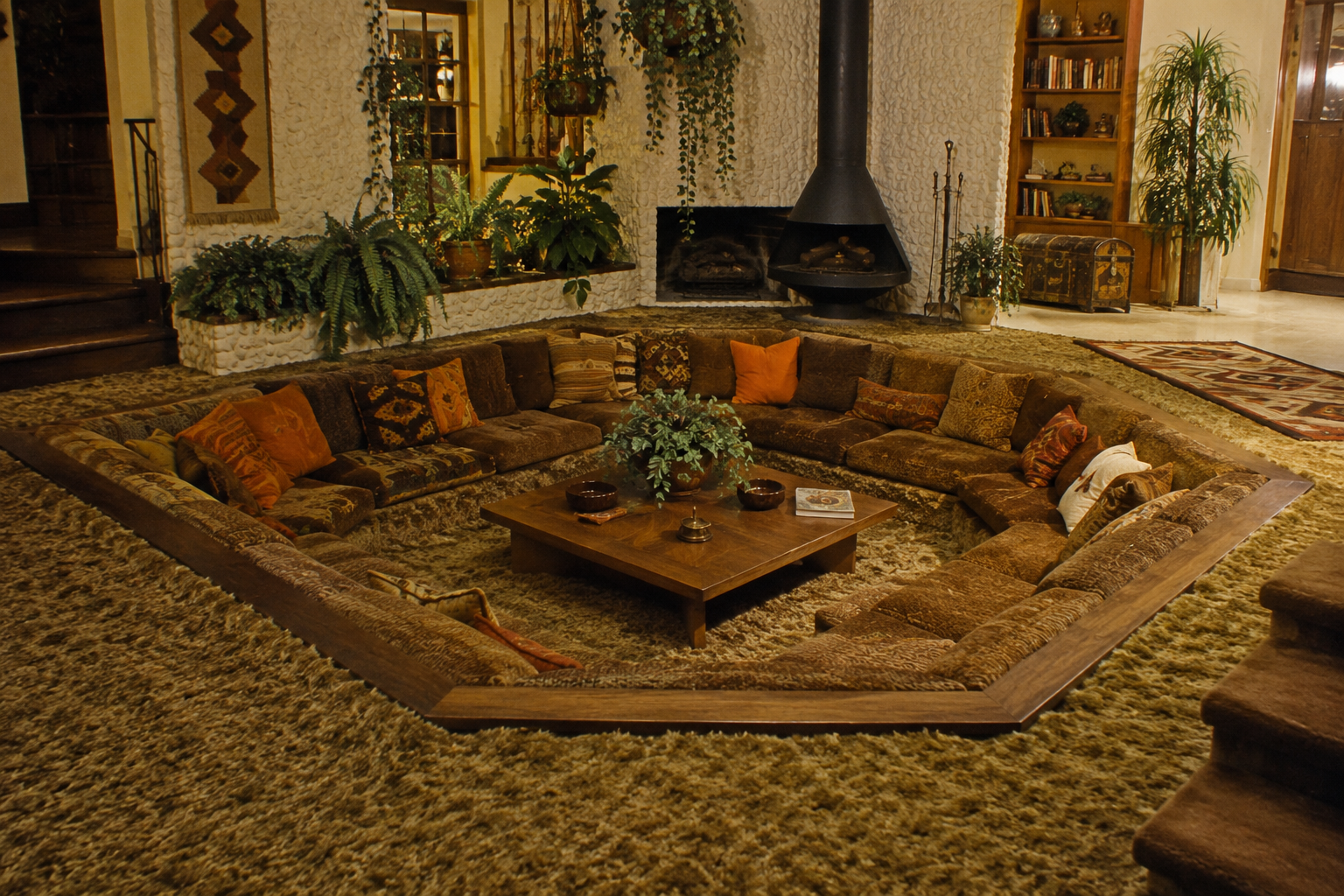 A retro-style living room with a sunken conversation pit, brown sectional sofas, a wooden coffee table, plants, and a hanging fireplace, surrounded by shag carpet and warm, earthy décor.