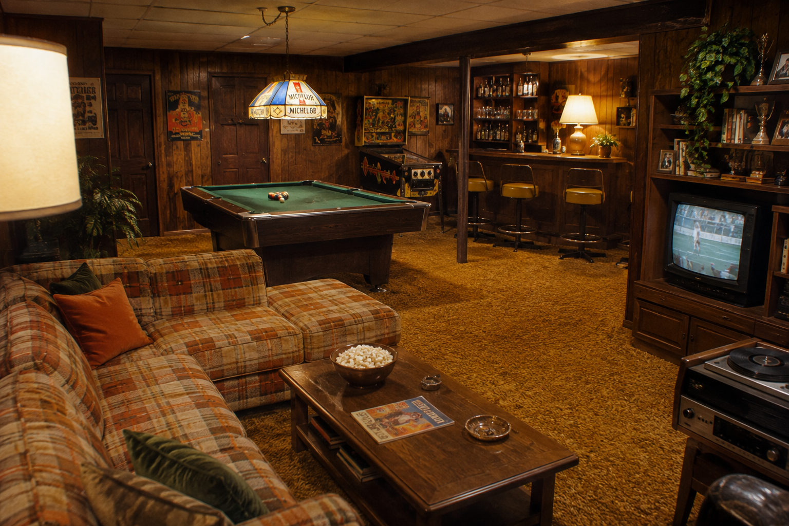 A cozy, retro basement with wood paneling features a plaid sofa, a pool table, a vintage TV showing a sports game, a bar area with stools, and a coffee table with popcorn and magazines on orange carpet.