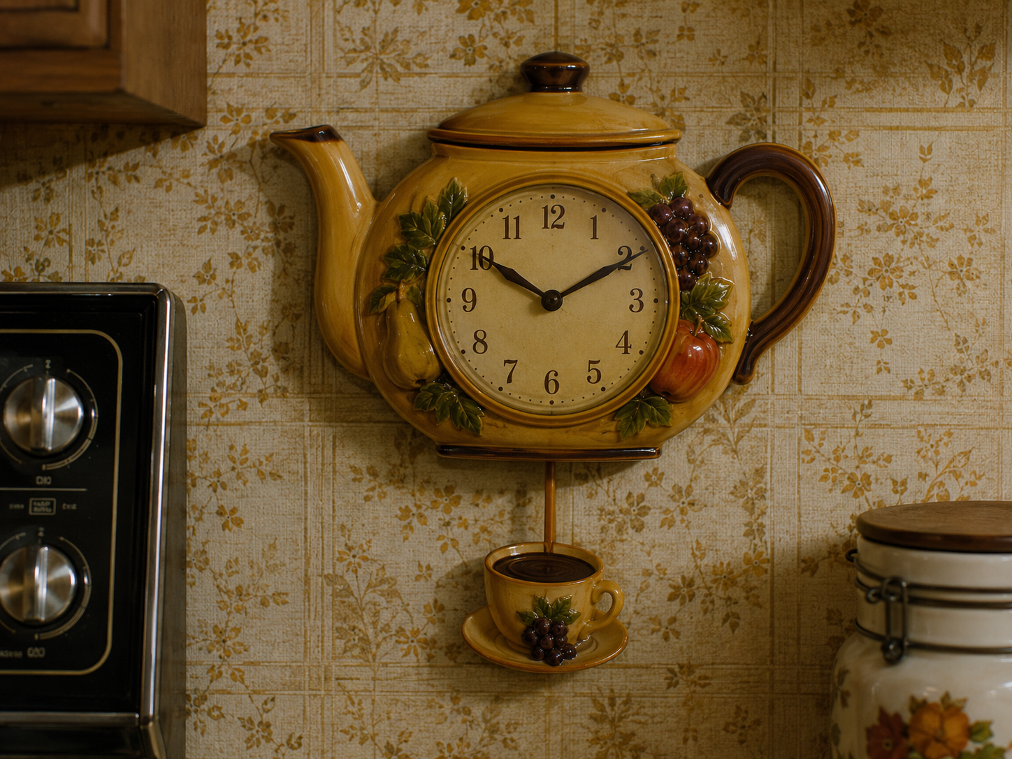 A wall clock shaped like a teapot with a teacup pendulum hangs on a vintage floral wallpapered kitchen wall next to an oven and a ceramic jar.