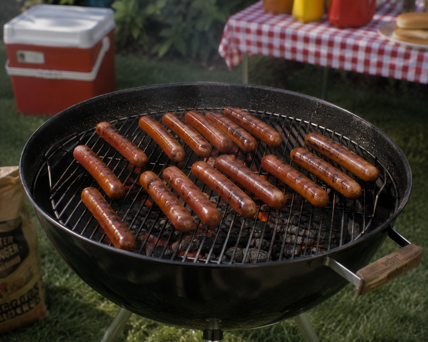 A charcoal grill filled with several hot dogs cooking over coals. In the background, there’s a red cooler and a picnic table with a red checkered tablecloth. The scene is outdoors on green grass.
