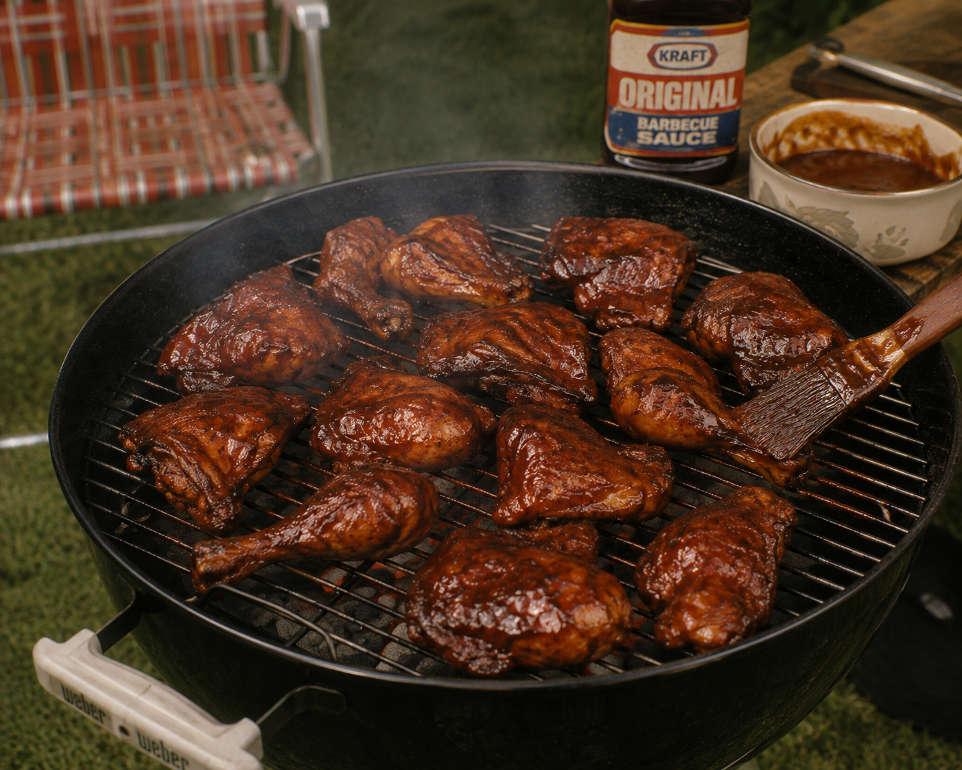 Chicken pieces being brushed with barbecue sauce on a charcoal grill, with a bottle of Kraft Original Barbecue Sauce and a bowl of sauce nearby. A lawn chair is visible in the background.