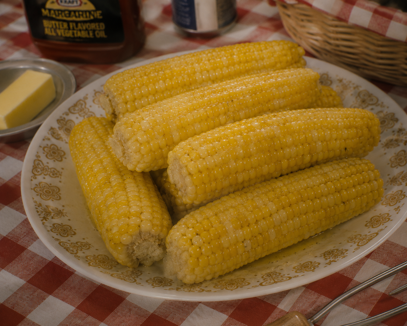 A plate with six ears of cooked corn on the cob sits on a red and white checkered tablecloth. Butter, margarine, and a bread basket are nearby.