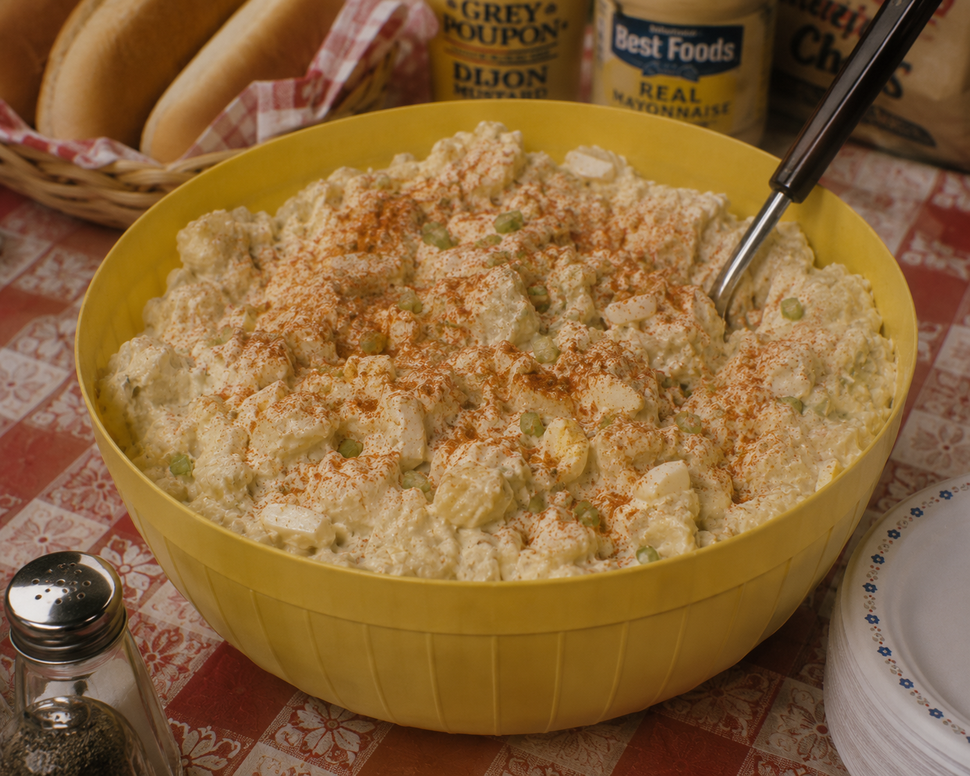 A large yellow bowl filled with potato salad, topped with paprika, sitting on a red and white checkered tablecloth beside condiments, buns, and a pepper shaker.