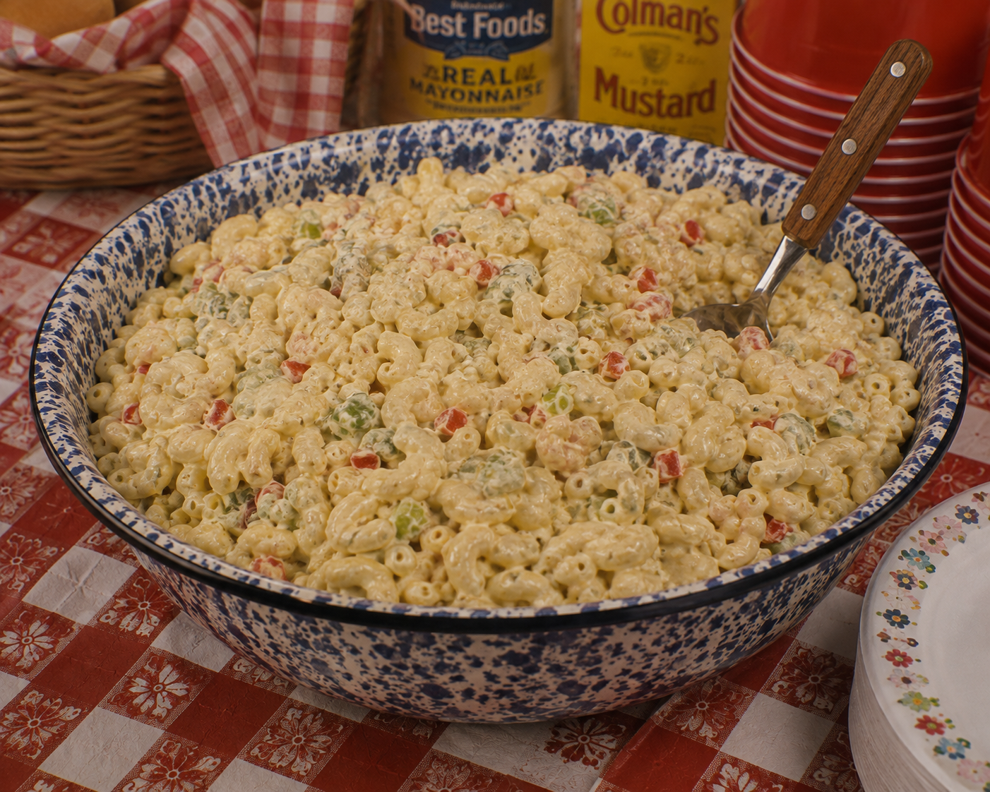 A large blue and white bowl filled with macaroni salad containing diced red peppers and green vegetables sits on a red checkered tablecloth with a serving spoon.