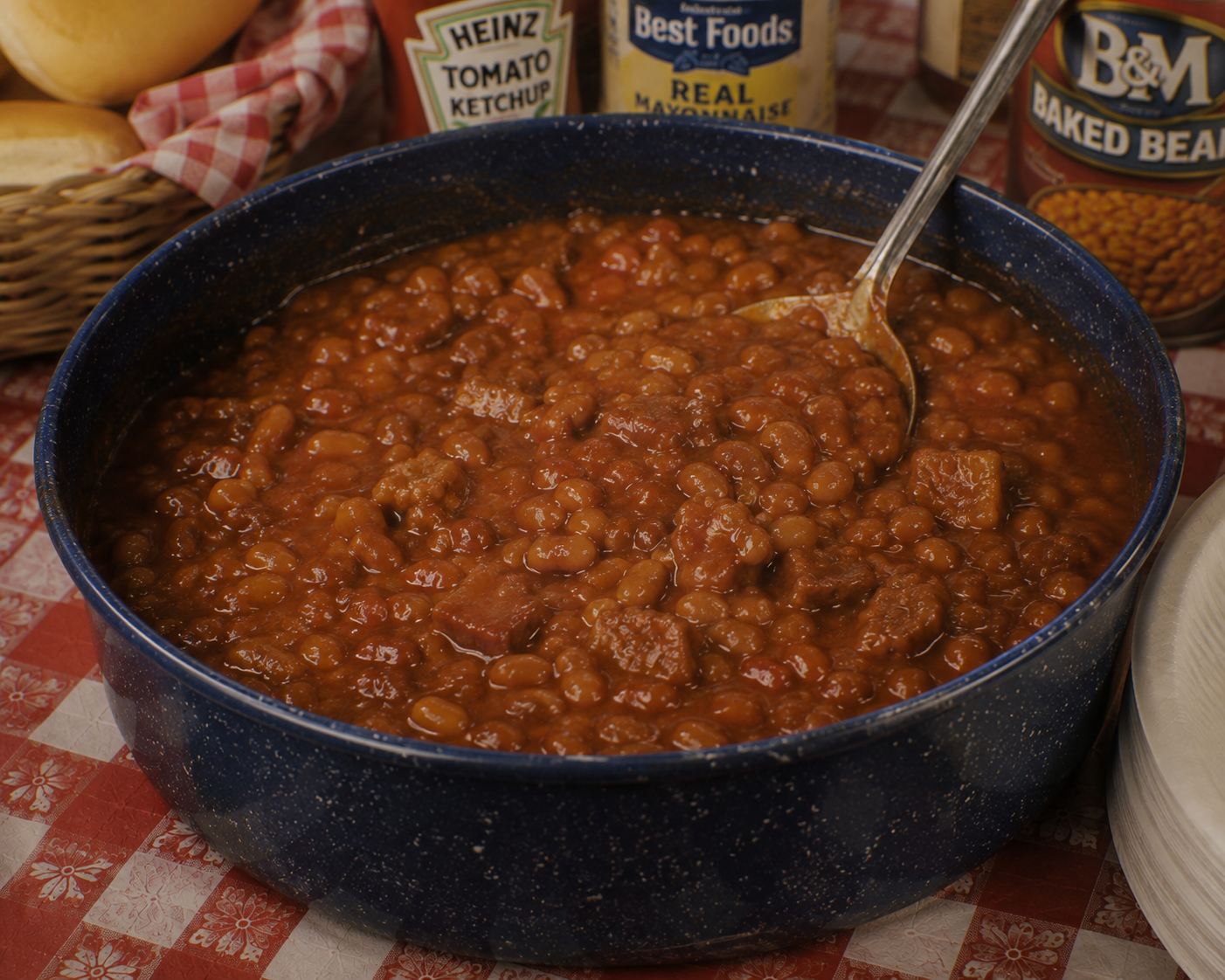 A blue pot filled with baked beans and chunks of meat, with a spoon inside. Ketchup, mayonnaise, and baked beans cans, along with bread rolls, are in the background on a red and white checkered tablecloth.