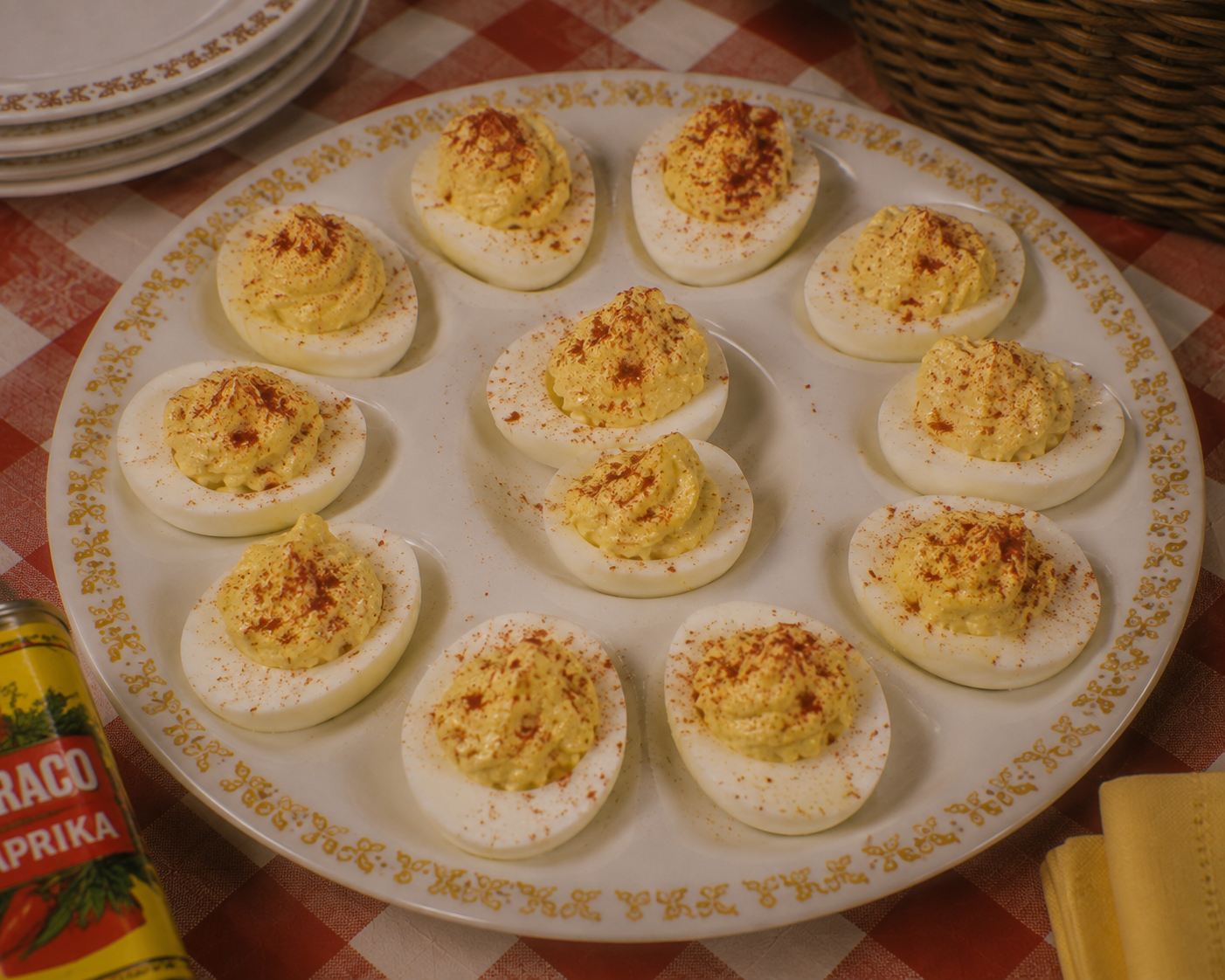 A plate of twelve deviled eggs topped with paprika sits on a checkered tablecloth. A canister of paprika and stacked plates are nearby.