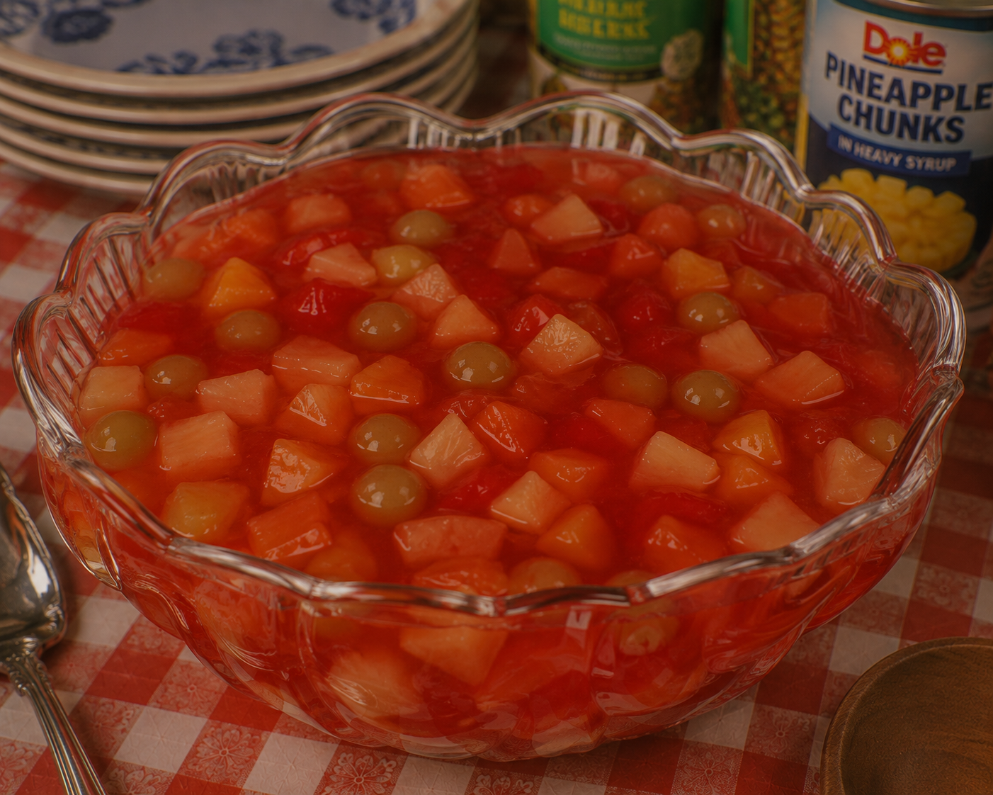 A glass bowl of fruit salad with pineapple chunks, green grapes, and red gelatin sits on a checkered tablecloth. Canned fruit and stacked plates are in the background.