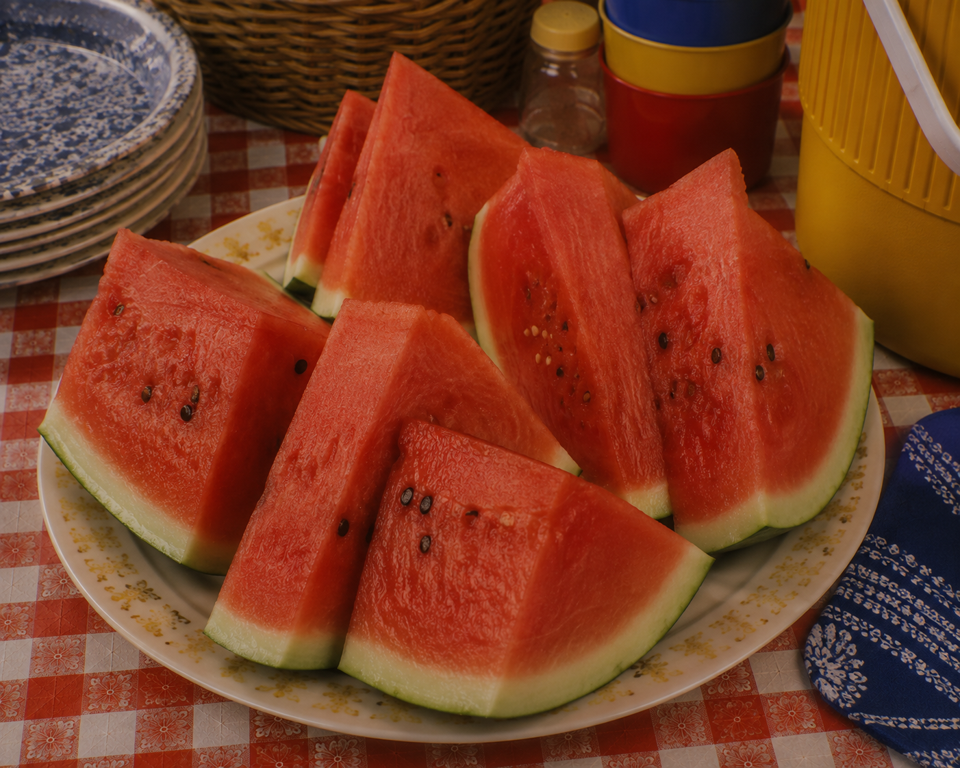 Slices of watermelon arranged on a white plate, set on a red and white checkered tablecloth with plates, cups, and a picnic basket in the background.