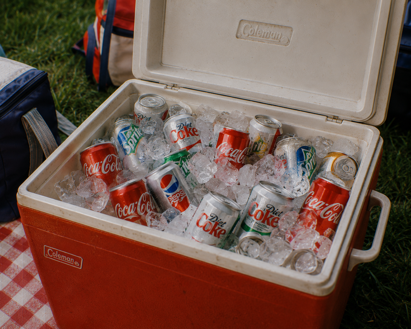 An open red Coleman cooler filled with ice and assorted soda cans, including Coke, Diet Coke, Sprite, and Pepsi, sits on a checkered picnic blanket outdoors.
